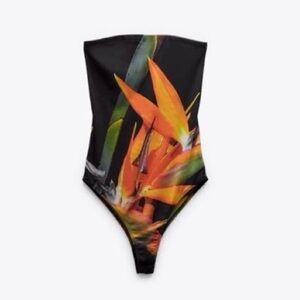 Zara Strapless Black and Orange Floral Print Bodysuit (NWT)